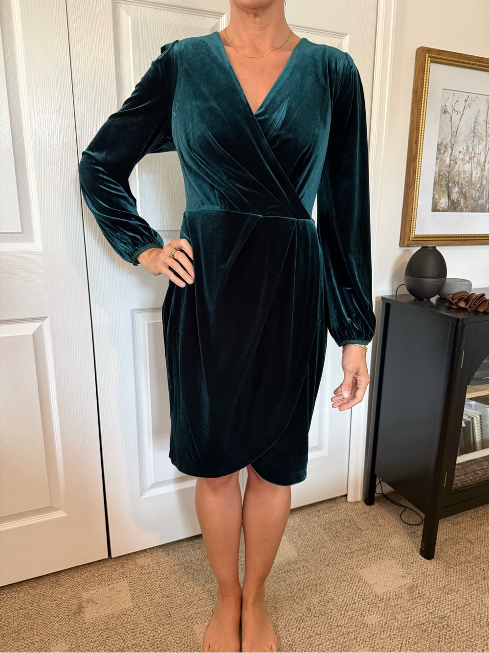 Calvin Klein Teal Velvet Long Sleeve Wrap Dress